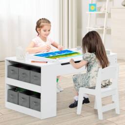 Costway 2-in-1 Kids Art Table & Chairs Set Wooden Craft Easel Desk W/Shelves in White