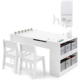 Costway 2-in-1 Kids Art Table & Chairs Set Wooden Craft Easel Desk W/Shelves in White - thumbnail 3