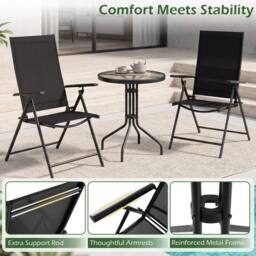 Costway 3PCS Patio Bistro Set Outdoor Folding Porch Chairs w/Coffee Table in Black - thumbnail 8