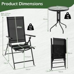 Costway 3PCS Patio Bistro Set Outdoor Folding Porch Chairs w/Coffee Table in Black - thumbnail 2