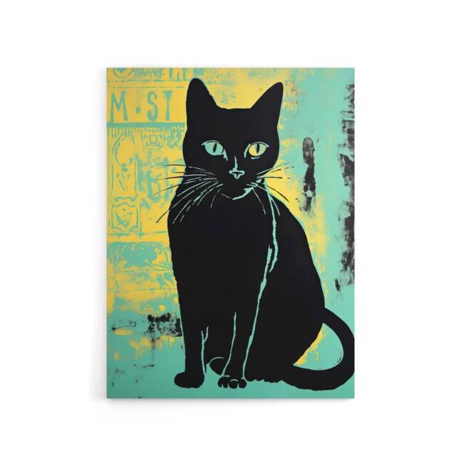 "Artery8 Cat Vibrant Linocut Vintage Advert Style Canvas Wall Art Print in Blue - Size: W24"" x H32""" - image 1