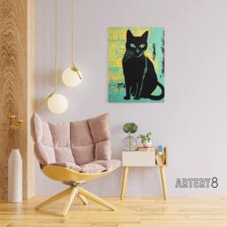 "Artery8 Cat Vibrant Linocut Vintage Advert Style Canvas Wall Art Print in Blue - Size: W24"" x H32""" - thumbnail 3