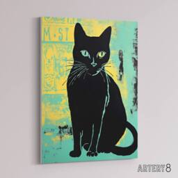 "Artery8 Cat Vibrant Linocut Vintage Advert Style Canvas Wall Art Print in Blue - Size: W24"" x H32""" - thumbnail 2