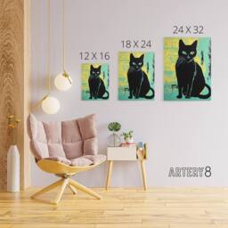 "Artery8 Cat Vibrant Linocut Vintage Advert Style Canvas Wall Art Print in Blue - Size: W24"" x H32""" - thumbnail 4