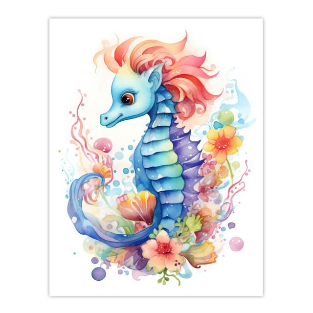 "Artery8 Cute Seahorse Watercolour Artwork Fun Kids Bedroom Nursery Extra Large XL Unframed Wall Art Poster Print - Size: W24"" x H32""" - image 1