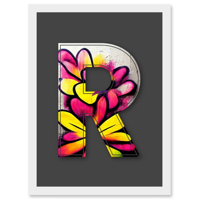Artery8 Letter R Yellow Pink Flower Decorative Graffiti Mural Alphabet Initial Stencil Artwork Framed Wall Art Print A4 in White - image 1
