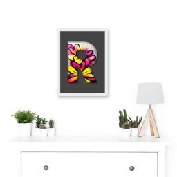 Artery8 Letter R Yellow Pink Flower Decorative Graffiti Mural Alphabet Initial Stencil Artwork Framed Wall Art Print A4 in White - thumbnail 2