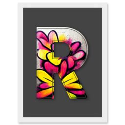 Artery8 Letter R Yellow Pink Flower Decorative Graffiti Mural Alphabet Initial Stencil Artwork Framed Wall Art Print A4 in White - thumbnail 1