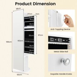 Gymax Swivel Jewelry Armoire Cosmetics Cabinet Coat Rack With Mirror & Light in White - thumbnail 6