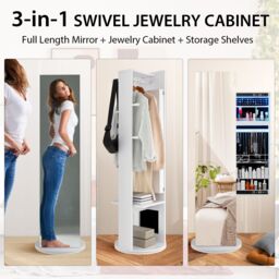 Gymax Swivel Jewelry Armoire Cosmetics Cabinet Coat Rack With Mirror & Light in White - thumbnail 2