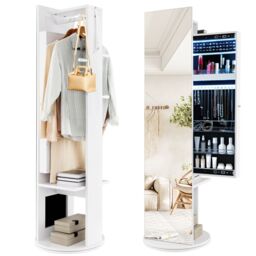 Gymax Swivel Jewelry Armoire Cosmetics Cabinet Coat Rack With Mirror & Light in White