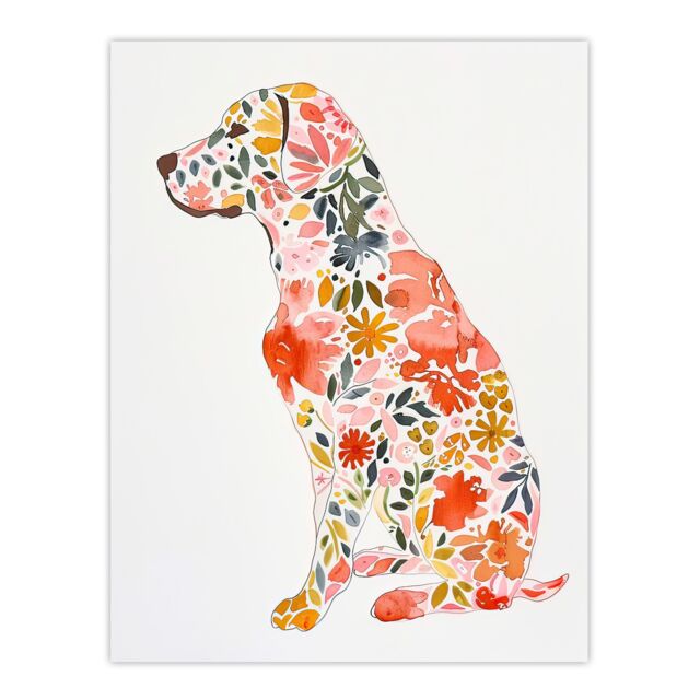 "Artery8 Labrador Dog Lover Bright Floral Pattern Portrait Wall Art Print in Pink - Size: W18"" x H24""" - image 1