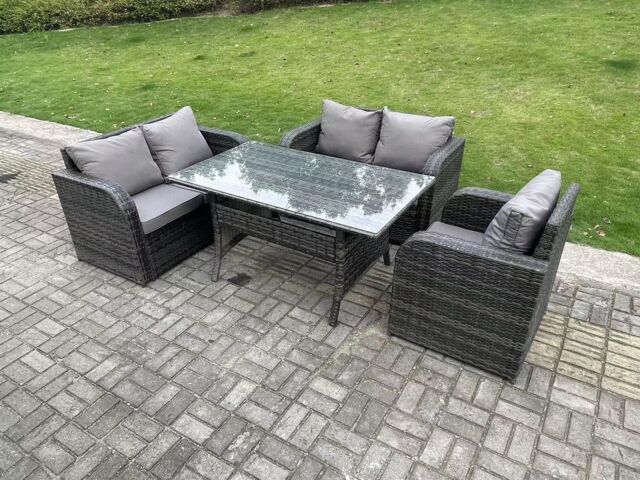 Fimous Rattan Garden Furniture Set Reclining Chair Love Sofa 2 Seater Sofa Set Outdoor Rectangular Dining Table 5 Seater in Dark Grey - image 1