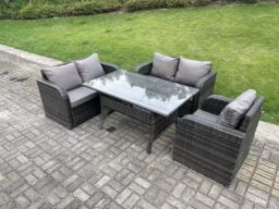 Fimous Rattan Garden Furniture Set Reclining Chair Love Sofa 2 Seater Sofa Set Outdoor Rectangular Dining Table 5 Seater in Dark Grey - thumbnail 2