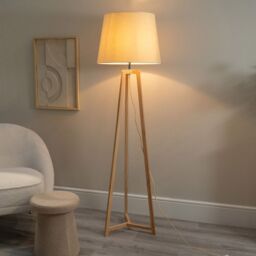 ValueLights Lottie Natural Wood Tripod Floor Lamp with Fabric Tapered Shade & LED Bulb in Cream - thumbnail 1