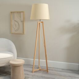 ValueLights Lottie Natural Wood Tripod Floor Lamp with Fabric Tapered Shade & LED Bulb in Cream - thumbnail 3