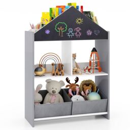 Costway Dollhouse Bookshelf Wooden Toy Storage Organizer with Writable Chalkboard in Grey - thumbnail 1