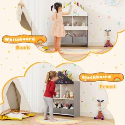 Costway Dollhouse Bookshelf Wooden Toy Storage Organizer with Writable Chalkboard in Grey - thumbnail 5
