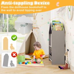 Costway Dollhouse Bookshelf Wooden Toy Storage Organizer with Writable Chalkboard in Grey - thumbnail 6