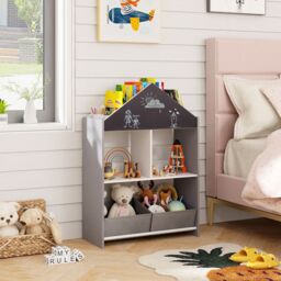 Costway Dollhouse Bookshelf Wooden Toy Storage Organizer with Writable Chalkboard in Grey - thumbnail 3