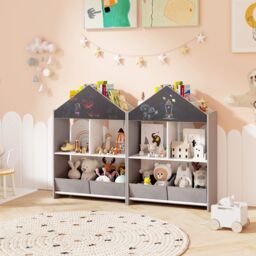Costway Dollhouse Bookshelf Wooden Toy Storage Organizer with Writable Chalkboard in Grey - thumbnail 4