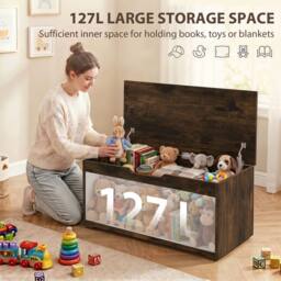 HOMCOM Storage Trunk for Living Room with Safety Hinges, 100cm, Rustic Brown - thumbnail 4