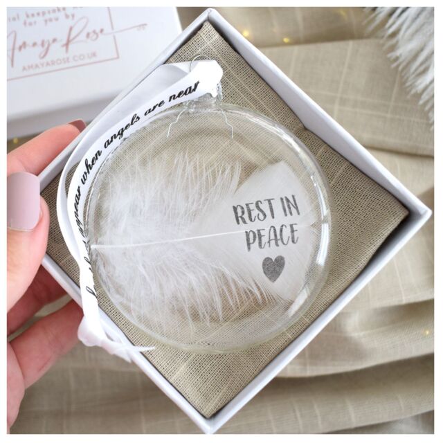Amaya Rose Ltd In Memory of Rest In Peace feather Round Bauble Gift Boxed. Memorial in Clear
