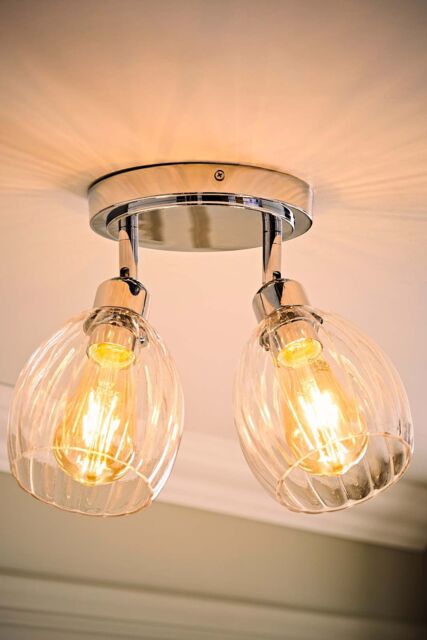 ValueLights Cheltenham 2 Way Ribbed Glass Spotlight Flush Ceiling Light & Bulbs in Metallic Silver - image 1