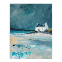"Artery8 White Scottish Cottage Coastal Hills Oil Painting Wall Art Print in Grey - Size: W12"" x H16""" - thumbnail 1