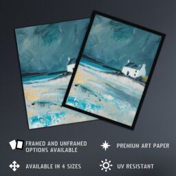 "Artery8 White Scottish Cottage Coastal Hills Oil Painting Wall Art Print in Grey - Size: W12"" x H16""" - thumbnail 2