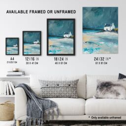 "Artery8 White Scottish Cottage Coastal Hills Oil Painting Wall Art Print in Grey - Size: W12"" x H16""" - thumbnail 3