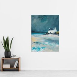 "Artery8 White Scottish Cottage Coastal Hills Oil Painting Wall Art Print in Grey - Size: W12"" x H16""" - thumbnail 4