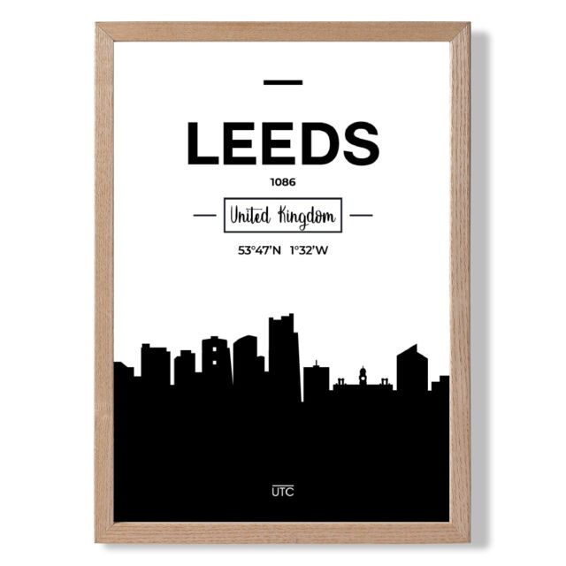 ARTZE Leeds Black & White City Skyline Framed Print SIZE: A3 with Oak Frame - Size: A4 - image 1