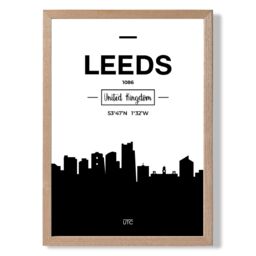 ARTZE Leeds Black & White City Skyline Framed Print SIZE: A3 with Oak Frame - Size: A4 - thumbnail 1