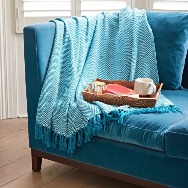 Paper High Chevron Repurposed Cotton Throw in Turquoise - image 1