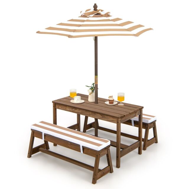 Costway 4 PCS Wooden Kids Picnic Table Bench Children Outdoor Activity Desk W/ Umbrella - image 1