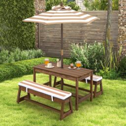 Costway 4 PCS Wooden Kids Picnic Table Bench Children Outdoor Activity Desk W/ Umbrella - thumbnail 4
