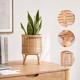 Kelvenix L Rattan Floor Planter Stand with Handle in Brown - thumbnail 3