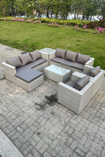 Fimous 9 Seater Outdoor PE Rattan Garden Furniture Set Sofa Set Coffee Table Footstool 2 Armchair in Light Grey - image 1