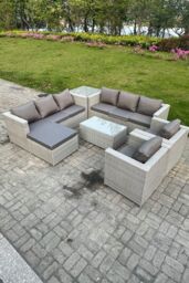 Fimous 9 Seater Outdoor PE Rattan Garden Furniture Set Sofa Set Coffee Table Footstool 2 Armchair in Light Grey - thumbnail 1