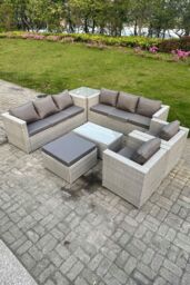 Fimous 9 Seater Outdoor PE Rattan Garden Furniture Set Sofa Set Coffee Table Footstool 2 Armchair in Light Grey - thumbnail 2