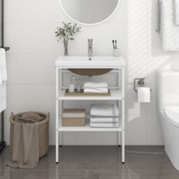 Berkfield Home Bathroom Washbasin Frame with Built-in Basin White Iron - thumbnail 1