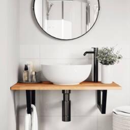 Berkfield Home Elegant Basin Shelf Wall Mounted Steel & Solid Wood Acacia in Brown - thumbnail 1