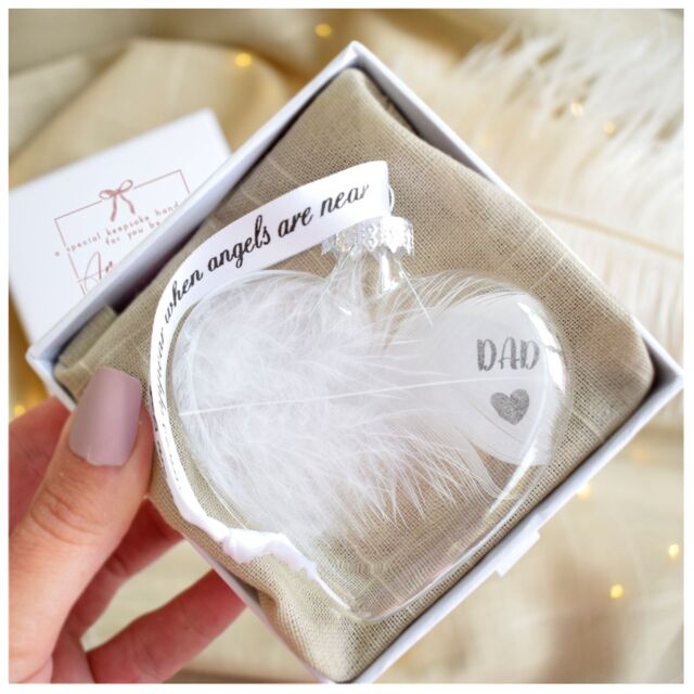 Amaya Rose Ltd In Memory of Dad Feather Heart Bauble Gift Boxed in Clear