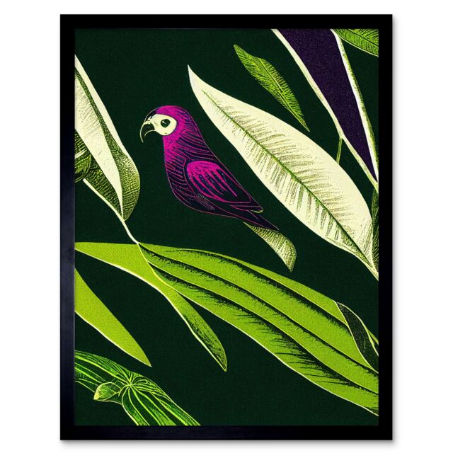 "Artery8 Wall Art Print Pink Parrot & Tropical Plant Leaves Vintage Linocut Pattern Detail Art Framed in Black - Size: W12"" x H16""" - image 1