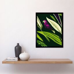 "Artery8 Wall Art Print Pink Parrot & Tropical Plant Leaves Vintage Linocut Pattern Detail Art Framed in Black - Size: W12"" x H16""" - thumbnail 2