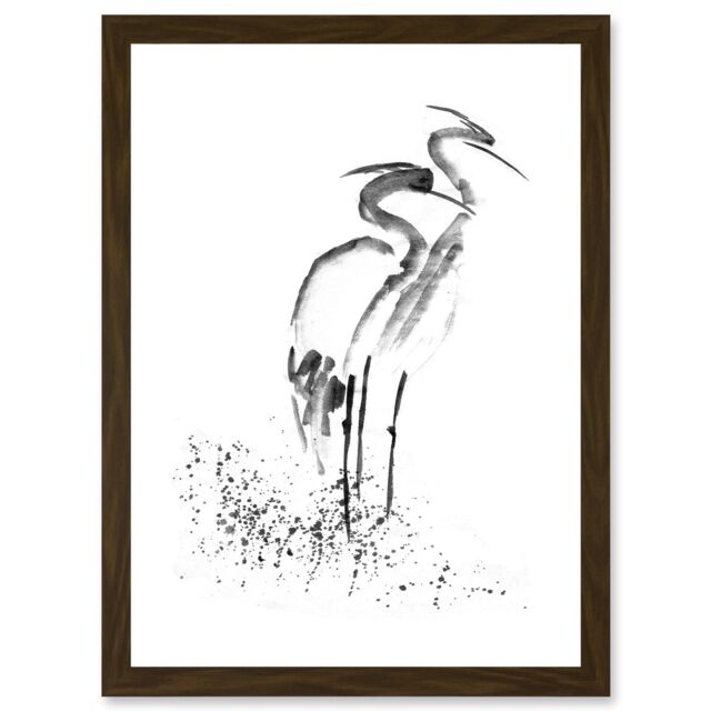 Artery8 Heron Ink Drawing Black White Sketch Artwork Framed Wall Art Print A4 in Brown - image 1