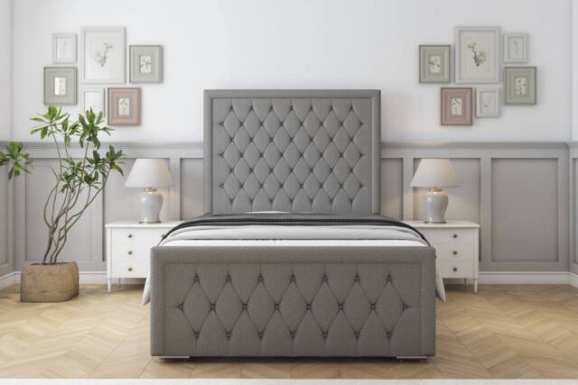 "Sloomy Monroe Dumfries Frame-Mattress - 50"" Upholstered Headboard in Light Grey - Size: Super King" - image 1