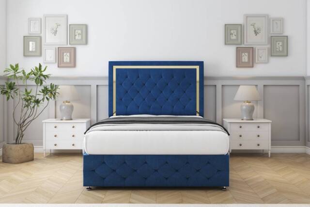 "Comfort Beds Sofia Gold Plush Divan Set 2 Drawers-54"" Headboard-Footboard in Navy - Size: Super King" - image 1