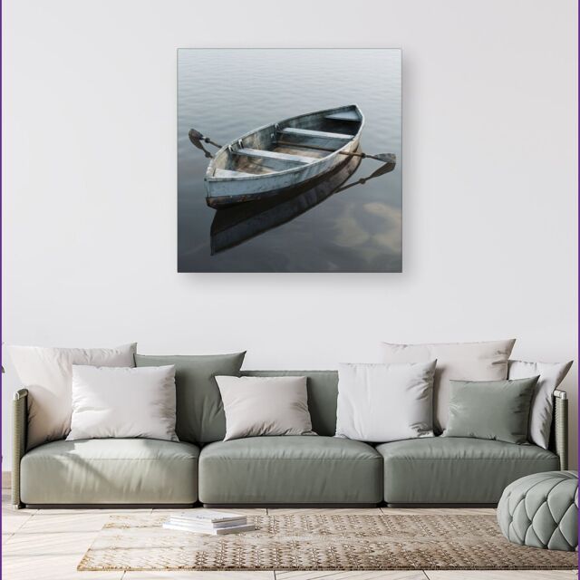 Warren Reed - Designer Boat On The Lake Canvas in Grey - Size: w40 inch x h40 inch - image 1